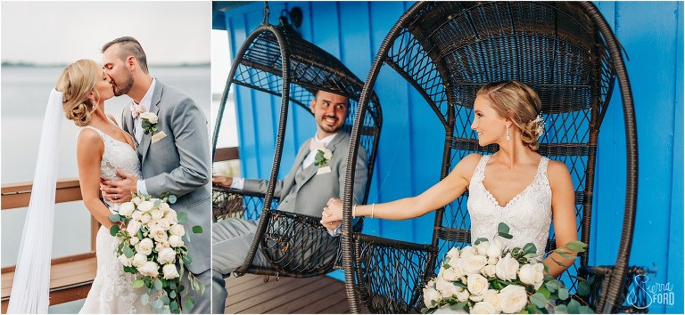 on left, leans in for a kiss on the dock at Town Manor wedding, on right, bride & groom hold hands as they relax on dock swings