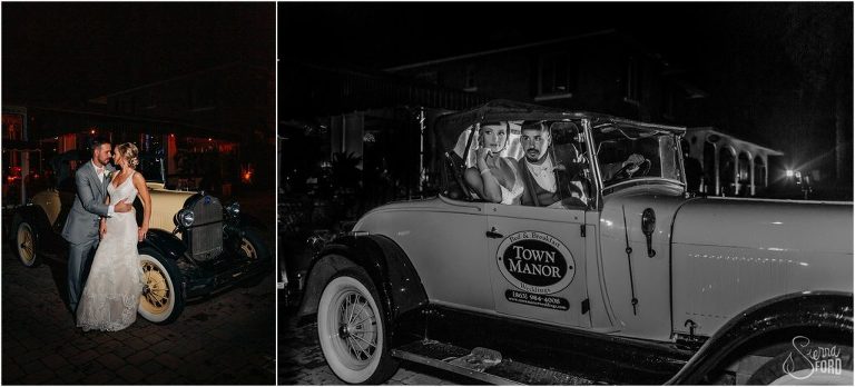on left, bride & groom pose dramatically by towncar, on right, bride & groom look out window of towncar at Town Manor wedding
