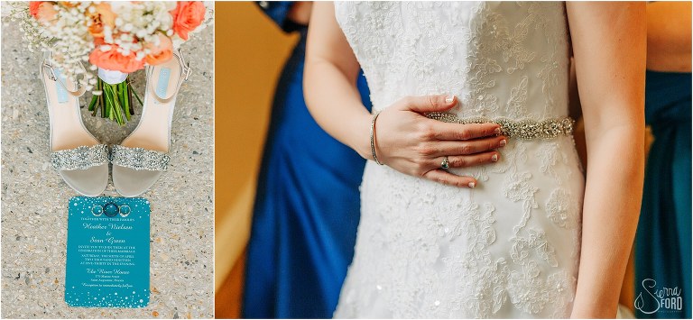 on left, blue and coral details of River House wedding, on right, bride holds middle as bridesmaids lace her dress