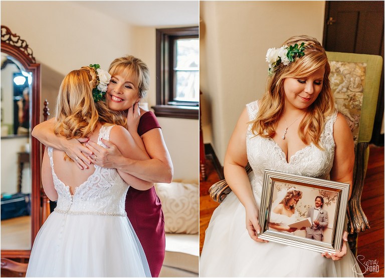 on left, bride hugs smiling mother before Winter Park wedding, on right, bride poses with photo from parent's wedding day