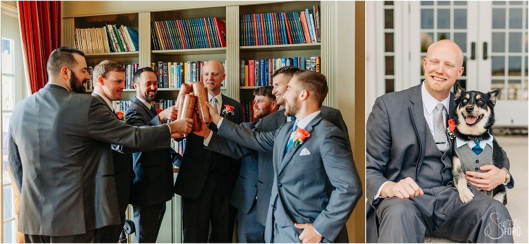 on left, groom toasts his groomsmen with custom bat mugs, on right, groom smiles with dog groomsmen at River House wedding
