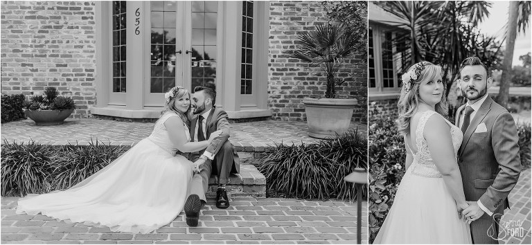 on left, bride & groom snuggle up as they sit on steps at Winter Park wedding, on right, couple try on their model faces