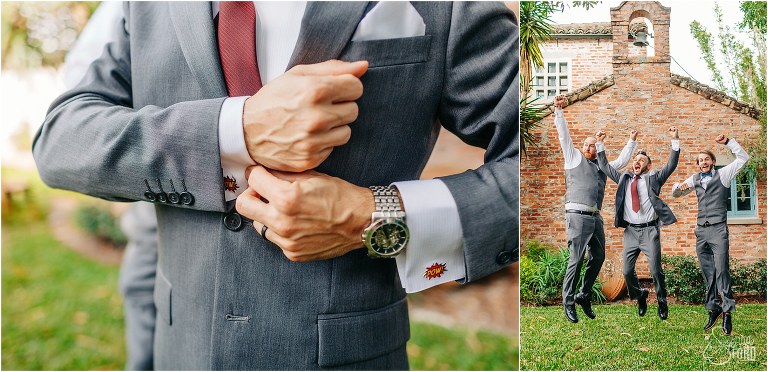on left, groom adjusts custom "POW" cuff links before Winter Park wedding, on right, groom & groomsmen jump in celebration