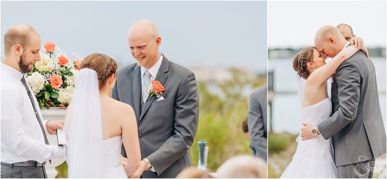 on left, groom grins as bride says her vows during River House wedding ceremony, on right, bride & groom take a moment touching foreheads after first kiss as husband and wife