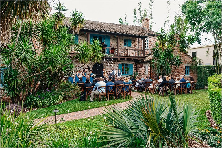 intimate ceremony site among the greenery at Casa Feliz for Winter Park wedding