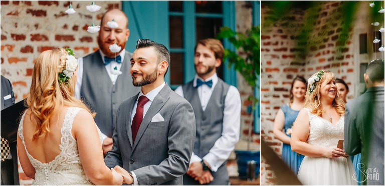 on left, groom looks lovingly at bride as they exchange vows at Winter Park wedding, on right, bride laughs during their emotional vows