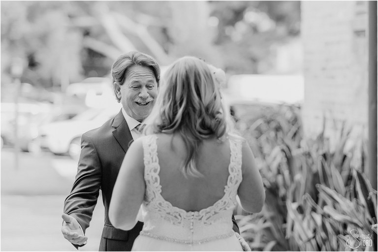 emotional father of the bride sees his daughter for first time before Winter Park wedding ceremony