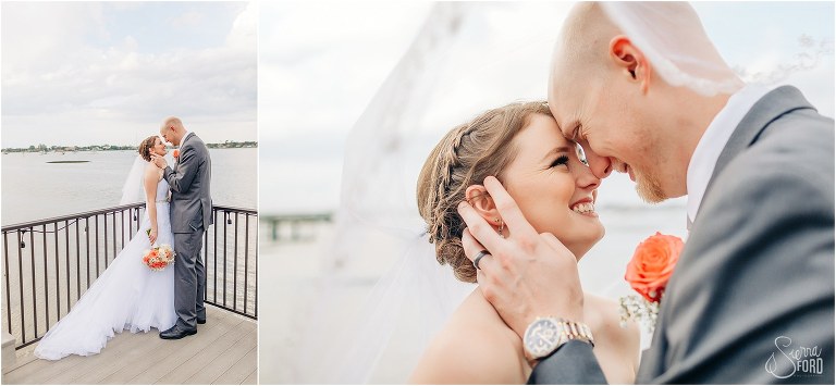 on left, bride & groom take moment together at end of dock, on right, couple smiles ear to ear as they hide under bride's veil at River House wedding