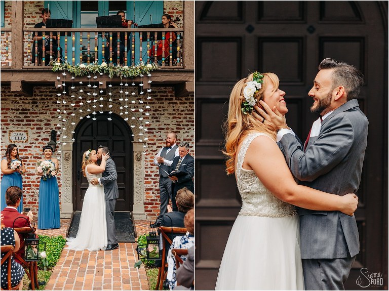 on left, first kiss as husband & wife at Winter Park wedding ceremony, on right, huge grins on couple as they separate from first kiss
