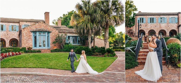 on left, groom leads bride down brick path in front of Casa Feliz at Winter Park wedding, on right, bride & groom kiss in front of Casa Feliz house
