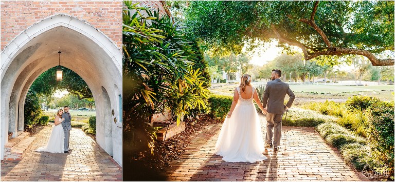 on left, bride hugs on groom in Casa Feliz archway as sun sets behind their Winter Park wedding, on right, bride & groom walk into sunset