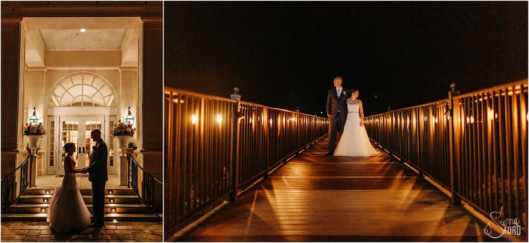 on left, bride & groom silhouetted in grand entrance at River House, on right, bride & groom stand on dock lit by twinkle lights at River House wedding