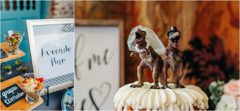on left, big hit Avocado Bar during Winter Park wedding reception, on right, custom bride & groom T-Rex cake toppers