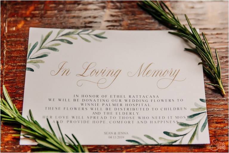 place setting cards sharing details of floral donations after the Winter Park wedding 