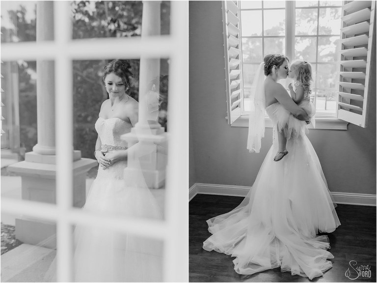 on left, a peek at the bride through the window before River House wedding, on right, bride kisses flower girl niece