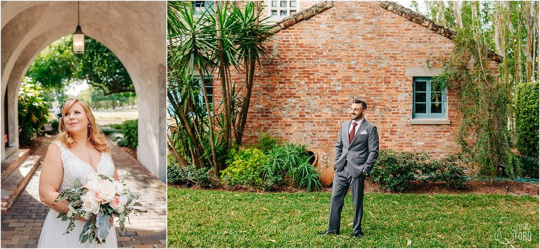 on left, bride looks into distance with blush bridal bouquet, on right, groom laughs in front of brick at Winter Park wedding