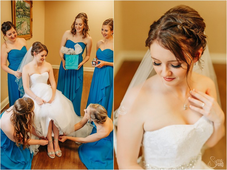on left, bridemaids surround bride with finishing touches before River House wedding, on right, bride touches necklace from groom