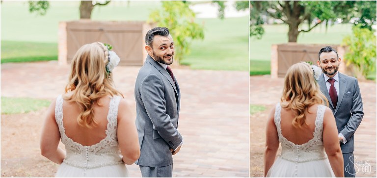 on left, groom turns to see bride during first look at Winter Park wedding, on right, groom gets emotional seeing his bride for the first time