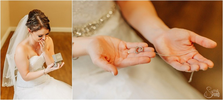 on left, bride tears up at groom's gift of necklace before River House wedding, on right, close up of diamond necklace from groom in bride's hands