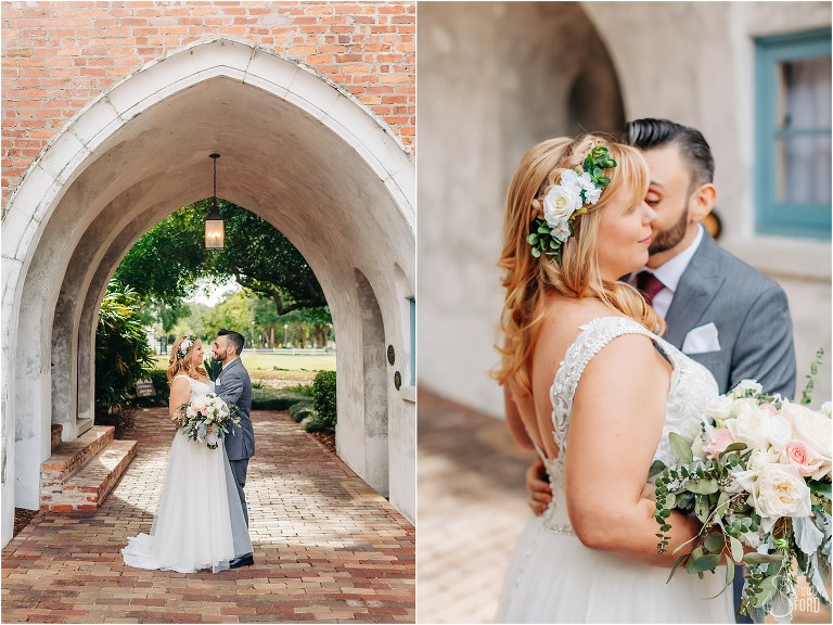 on left, bride & groom hug under brick Casa Feliz archway at Winter Park wedding, on right, groom nuzzles bride in her floral headband