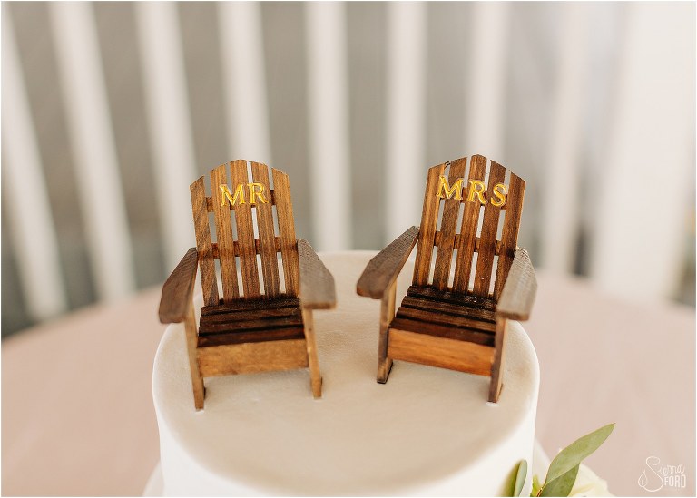"Mr & Mrs" wooden adirondack chair cake toppers for Disney themed garden wedding reception
