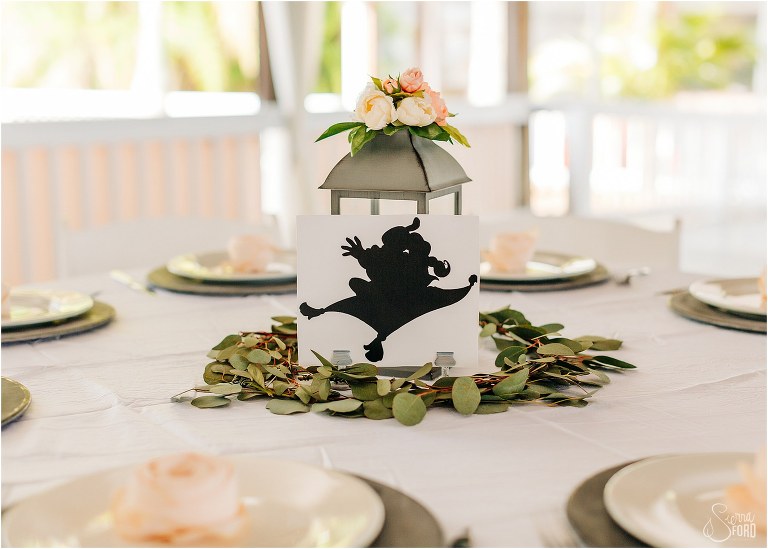 Aladdin centerpiece for Disney themed garden wedding reception