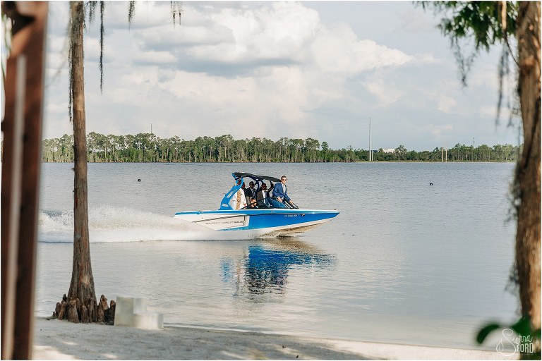 groomsmen enter ceremony on boat at Paradise Cove wedding