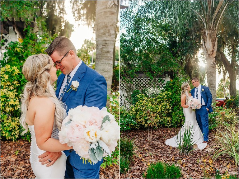 on left, bride & groom forehead to forehead after Disney themed garden wedding ceremony, on right, newlyweds stand among the gardens 