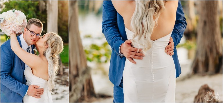 on left, bride kisses groom's cheek on the beach at Disney themed garden wedding, on right, groom's hands on his new wife's hips