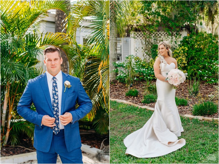 on left, groom buttons blue Hardwick suit before Disney themed garden wedding, on right, bride looks off in Eddy K mermaid bridal gown