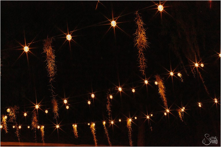 spanish moss hangs from market lights at Disney themed garden wedding reception
