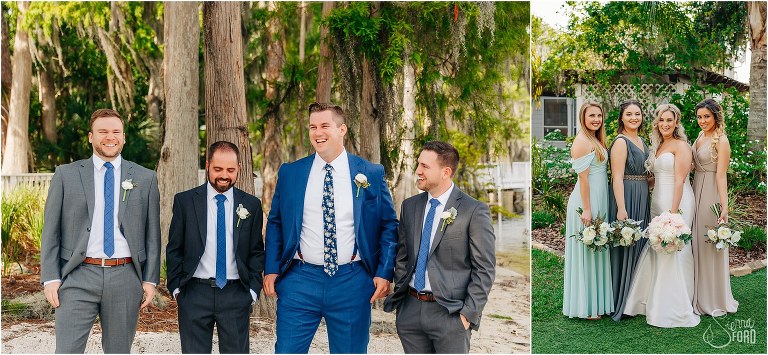 on left, groom & groomsmen laugh on beach before Disney themed garden wedding, on right, bride & bridesmaids in gardens with Orlando Flower Market bouquets