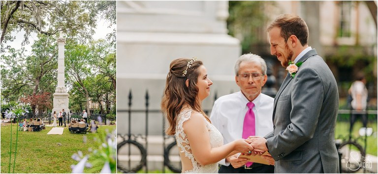 on left, Savannah elopement ceremony in Monterey Square, bride & groom exchange vows during Savannah elopement