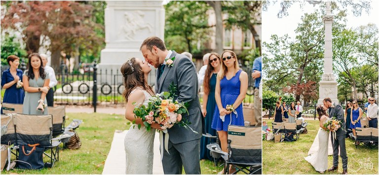 on left, the moment before a kiss at the end of the aisle, on right, bride & groom kiss at end of aisle after Savannah elopement ceremony
