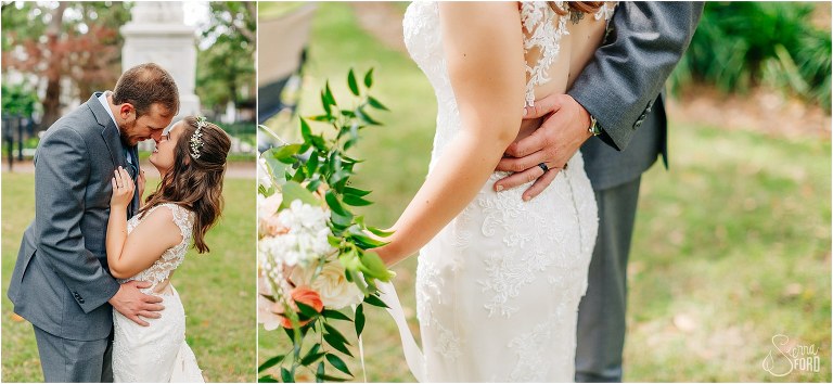 on left, bride & groom nuzzle up in Monterey Square, on right, groom's hand on small of bride's back at Savannah elopement