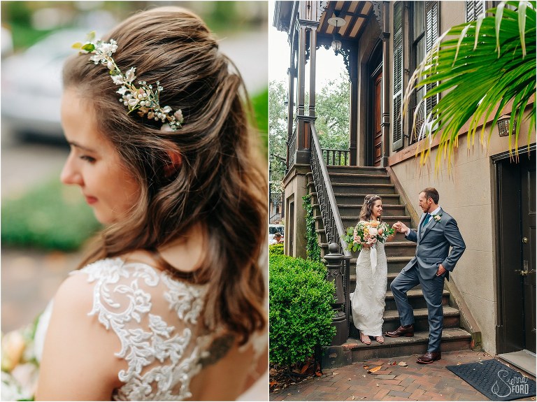 on left, bride is helped down stairs by groom, on right, close up of bride's jewel floral crown at Savannah elopement