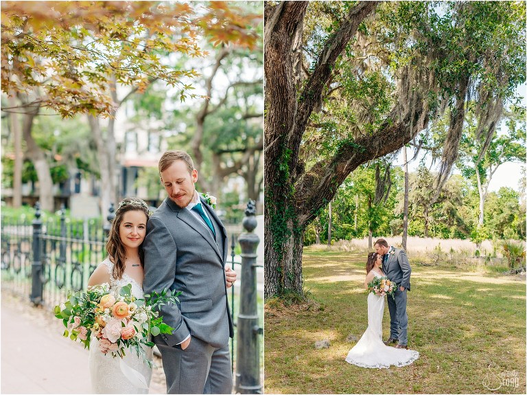 on left, bride hugs behind groom at Savannah elopement in Monterey Square, on right, groom kisses bride's forehead under oak tree at Wormsloe Plantation
