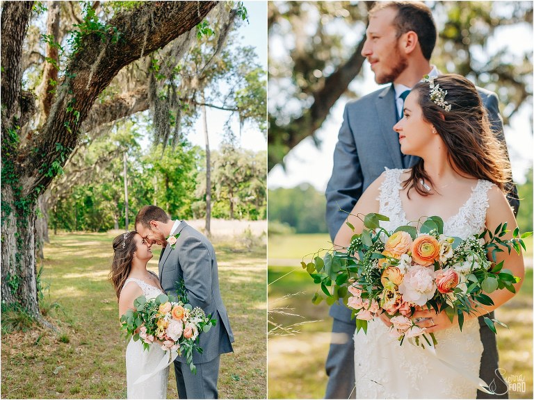 on left, bride & groom forehead to forehead under oak tree at Savannah elopement, on right, close up of Urban Poppy bridal bouquet as couple looks into distance