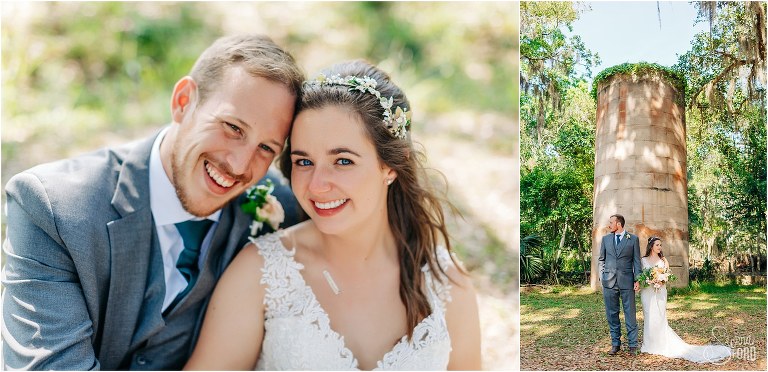 on left, bride & groom snuggle up together at Wormsloe Plantation, on right, couple stands in front of tower at Savannah elopement
