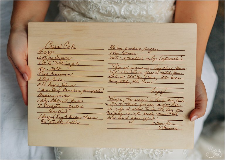 mother of the bride gift is engraved recipe of grandma's handwriting at Savannah elopement