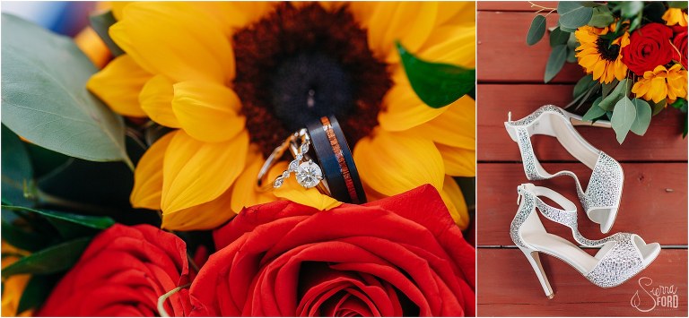 on left, bride & groom's rings sit atop sunflower bridal bouquet before DIY Florida Barn Wedding, on right, bride's sparkly heels next to bridal bouquet