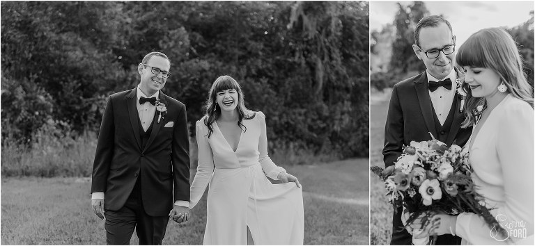 on left, bride & groom laugh together at elegant backyard elopement, on right, groom looks lovingly down at bride