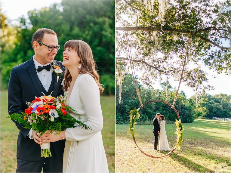 on left, bride cracks up at groom, on right, bride & groom through homemade ceremony hoop at elegant backyard elopement
