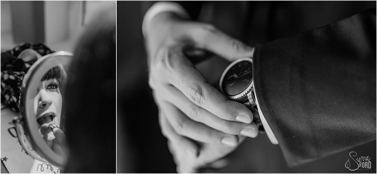 on left, bride puts on bright red lipstick before elegant backyard elopement, on right, groom checks watch