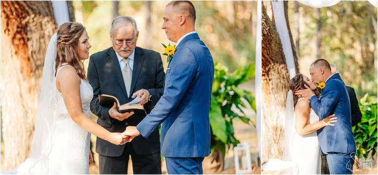 on left, bride & groom exchange emotional vows at DIY Florida Barn Wedding, on right, their first kiss as husband and wife