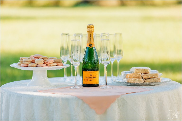 macarons by Le Petit Sweet, Lanky Lassie's Shortbread party favors & french champagne wait for guests to celebrate their elegant backyard elopement