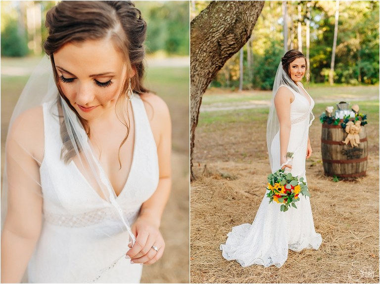 on right, bride wraps herself in veil before DIY Florida Barn Wedding, on right, bride stands under huge tree