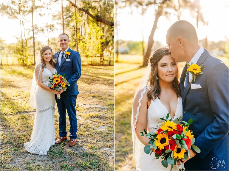 newly married couple smiles together as sun sets at DIY Florida Barn Wedding, on right, groom kisses bride's forehead