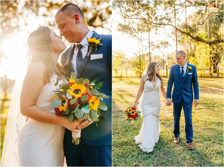 on left, bride & groom nuzzle noses as sun peeks through at DIY Florida Barn Wedding, on right, couple walk hand in hand across property