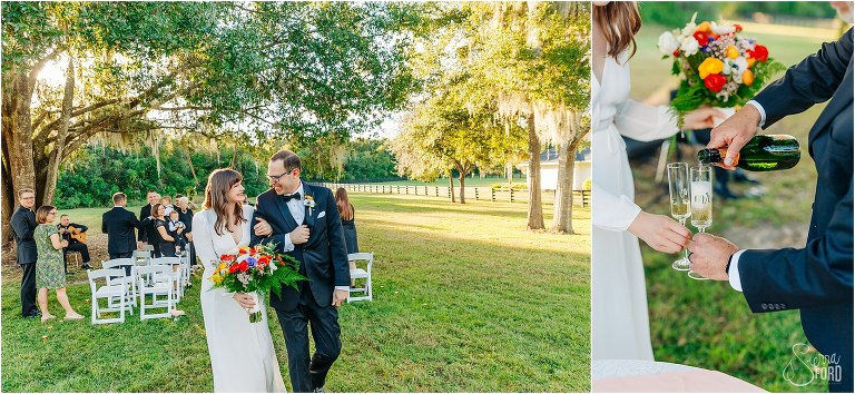 on left, bride & groom laugh as they walk down the aisle as husband & wife, on right, groom pours celebratory champagne after elegant backyard elopement ceremony